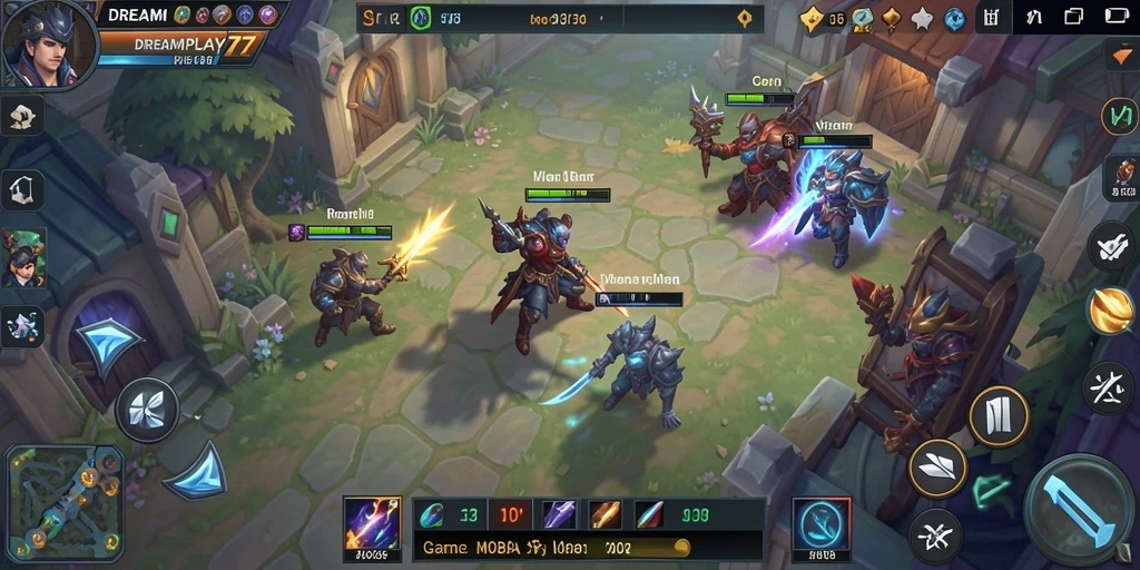 Screenshot gameplay <strong>DREAMPLAY77</strong> dengan aksi seru di arena MOBA.