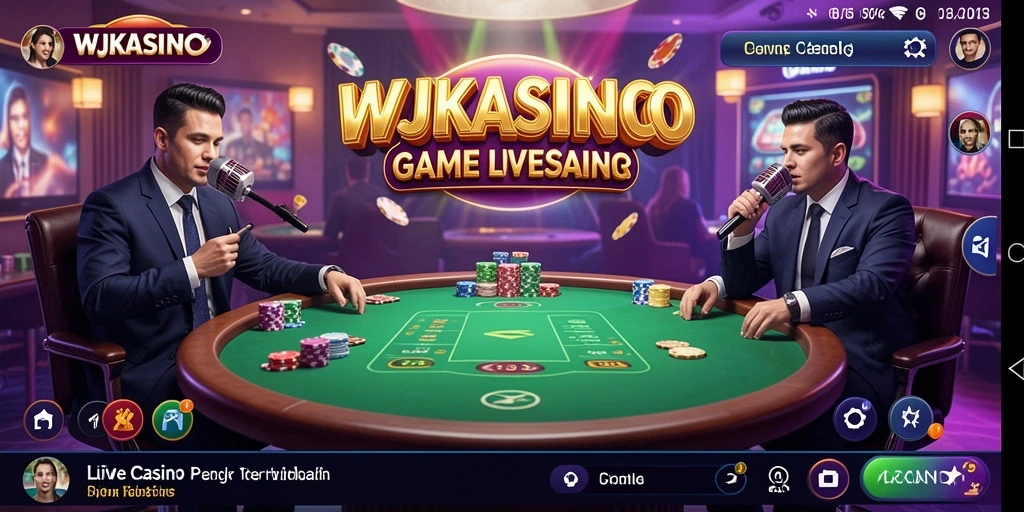 Screenshot gameplay WJKASINO dengan dealer langsung dan suasana kasino yang menegangkan.